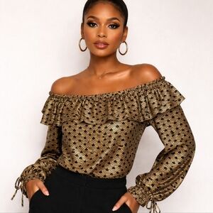 Michael Kors | Off The Shoulder Ruffle Energy Gold Black Blouse